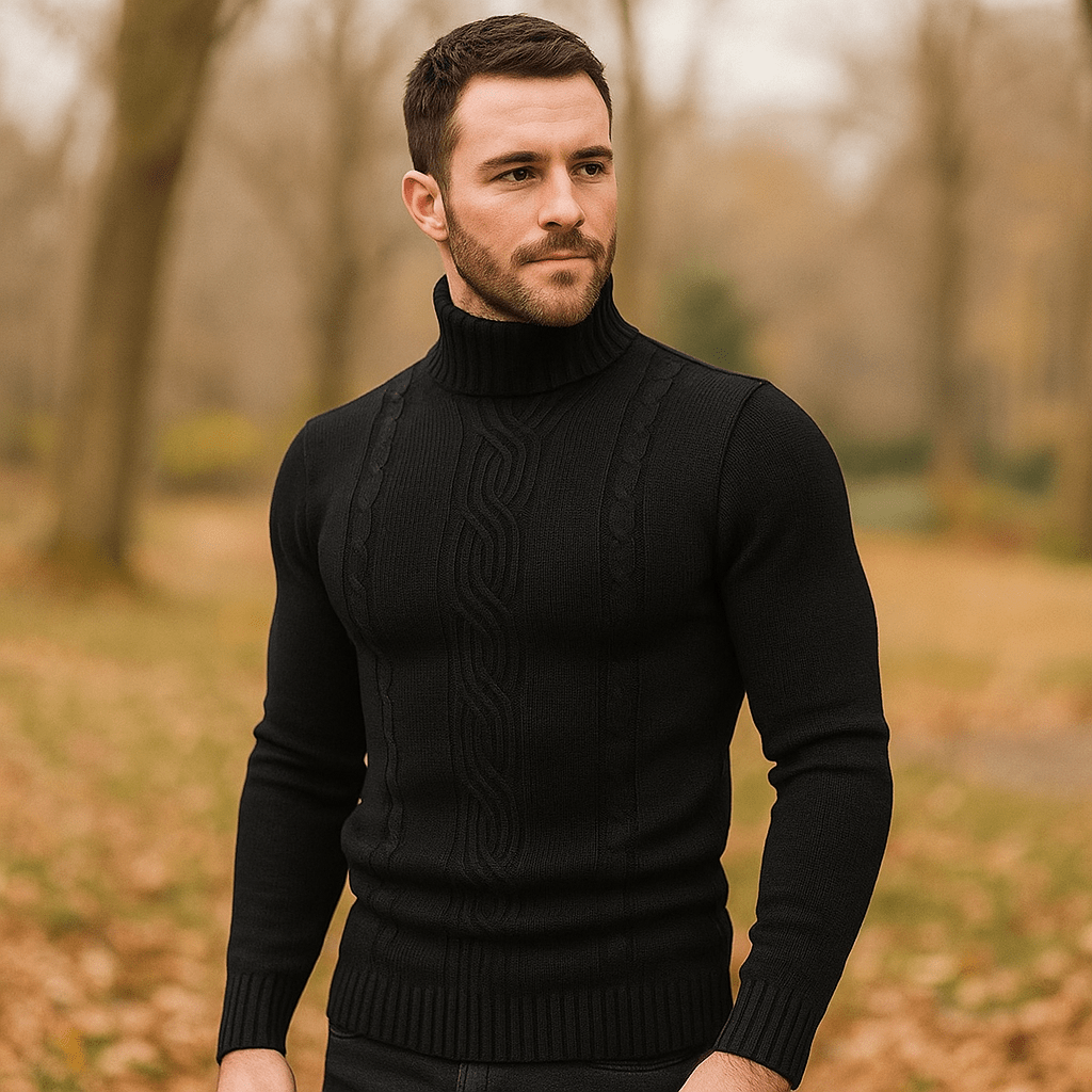 Męski Sweter z Golfem - Ciepły Kabelstrik - Prążkowane Rękawy - vivano - warszawa