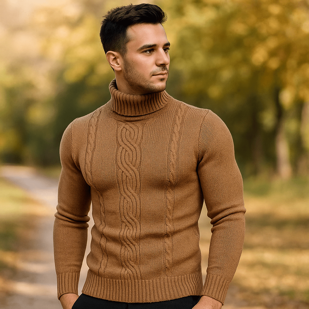 Męski Sweter z Golfem - Ciepły Kabelstrik - Prążkowane Rękawy - vivano - warszawa