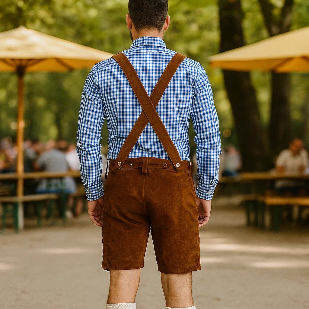 Męskie lederhosen z szelkami i koszulą - vivano - warszawa