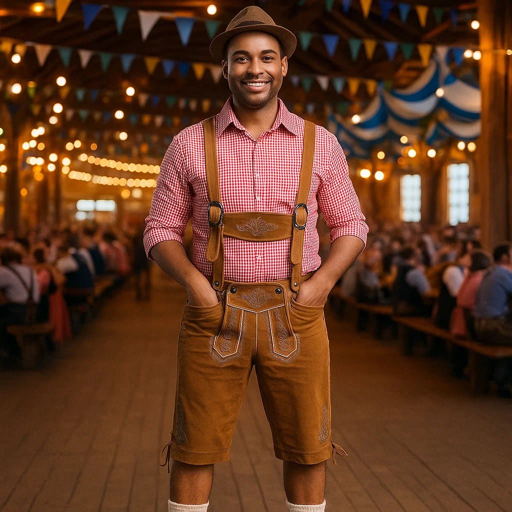 Męskie lederhosen z szelkami i koszulą - vivano - warszawa