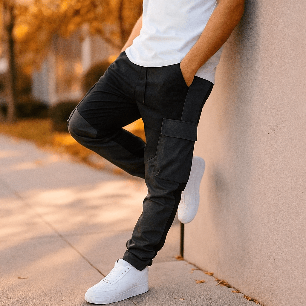 Męskie Spodnie Cargo – Luźny Krój – Zwężane Nogawki – Utility Patchwork - vivano - warszawa
