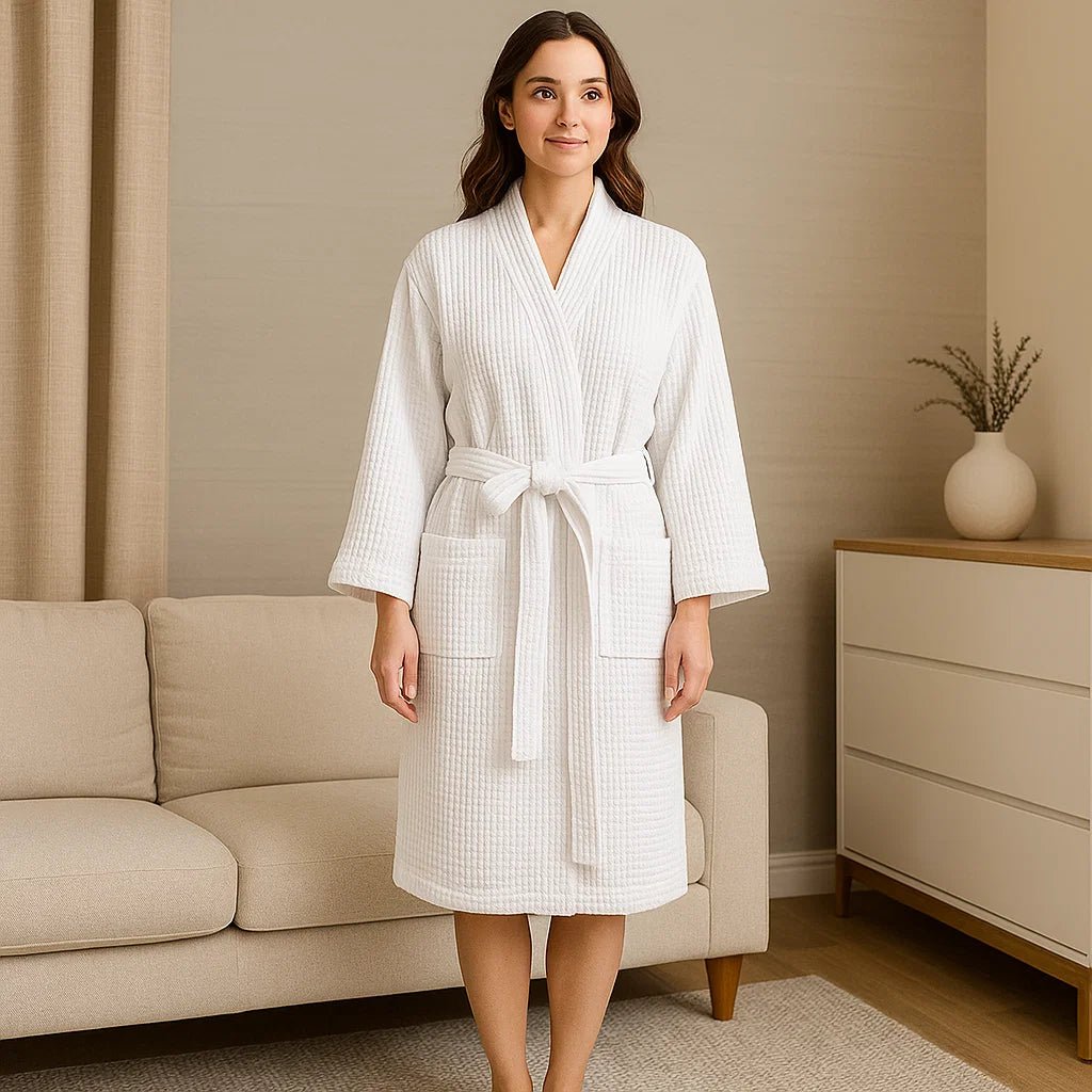 SereneLuxe – Bawełnowy Szlafrok Waflowy z Eleganckim Dekoltem w Kształcie V - vivano - warszawa