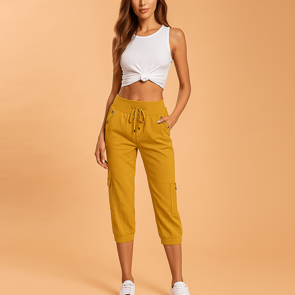 Spodnie Cargo dla Kobiet - Elastyczny Pas - Luźne Capri - Regulacja Sznurkiem - vivano - warszawa