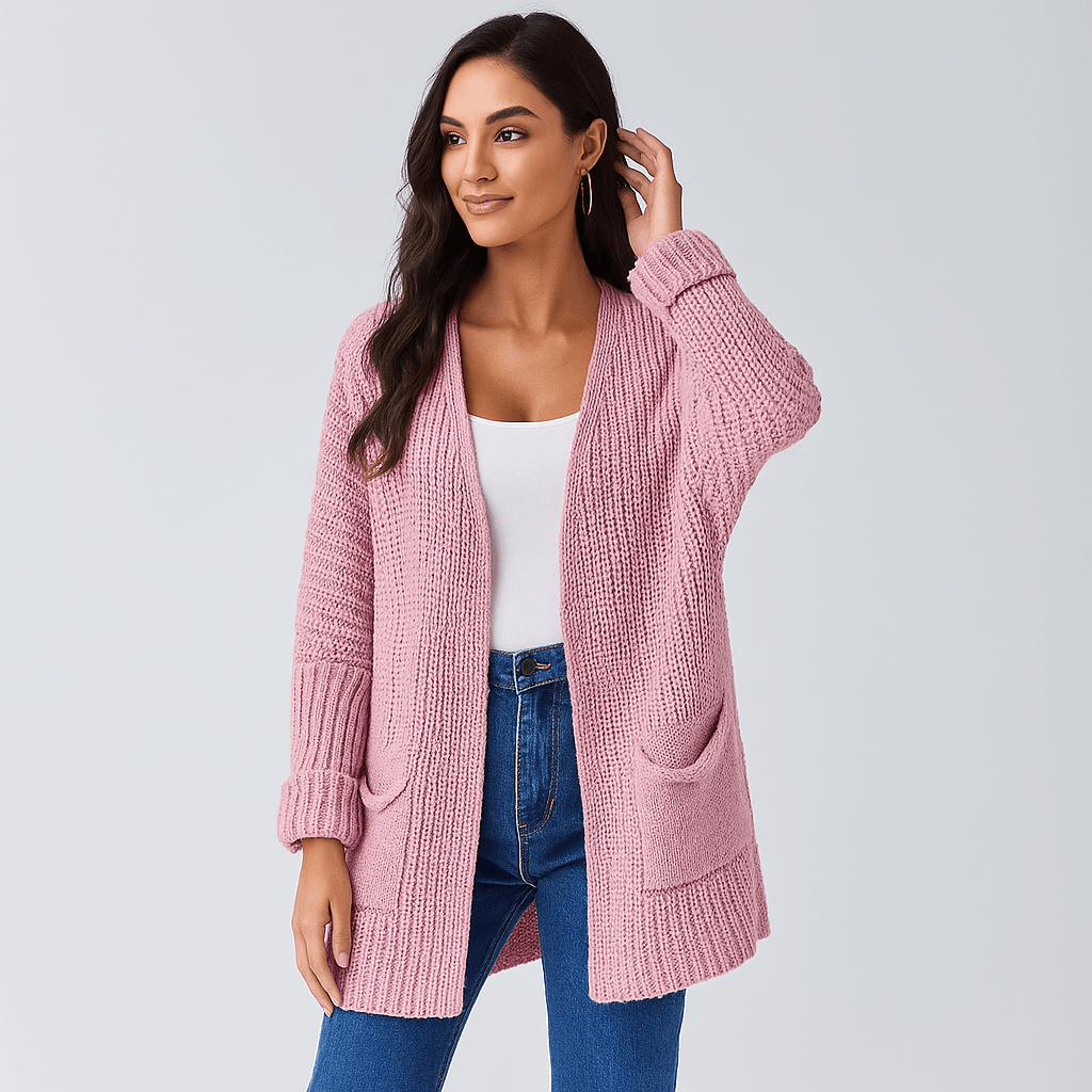 Strukturalny Otwartym Kardigan - Kieszenie Detale - Komfort Styl - vivano - warszawa