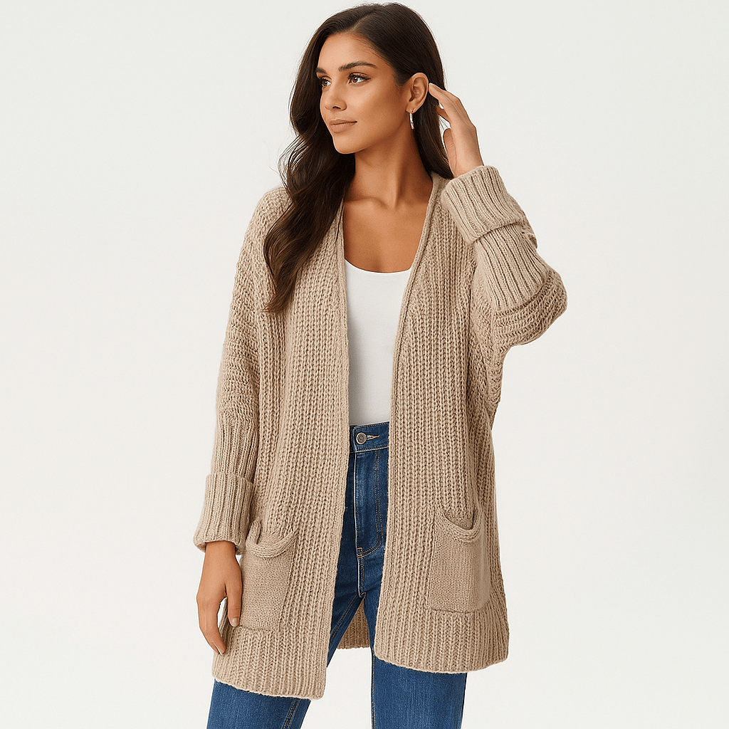 Strukturalny Otwartym Kardigan - Kieszenie Detale - Komfort Styl - vivano - warszawa