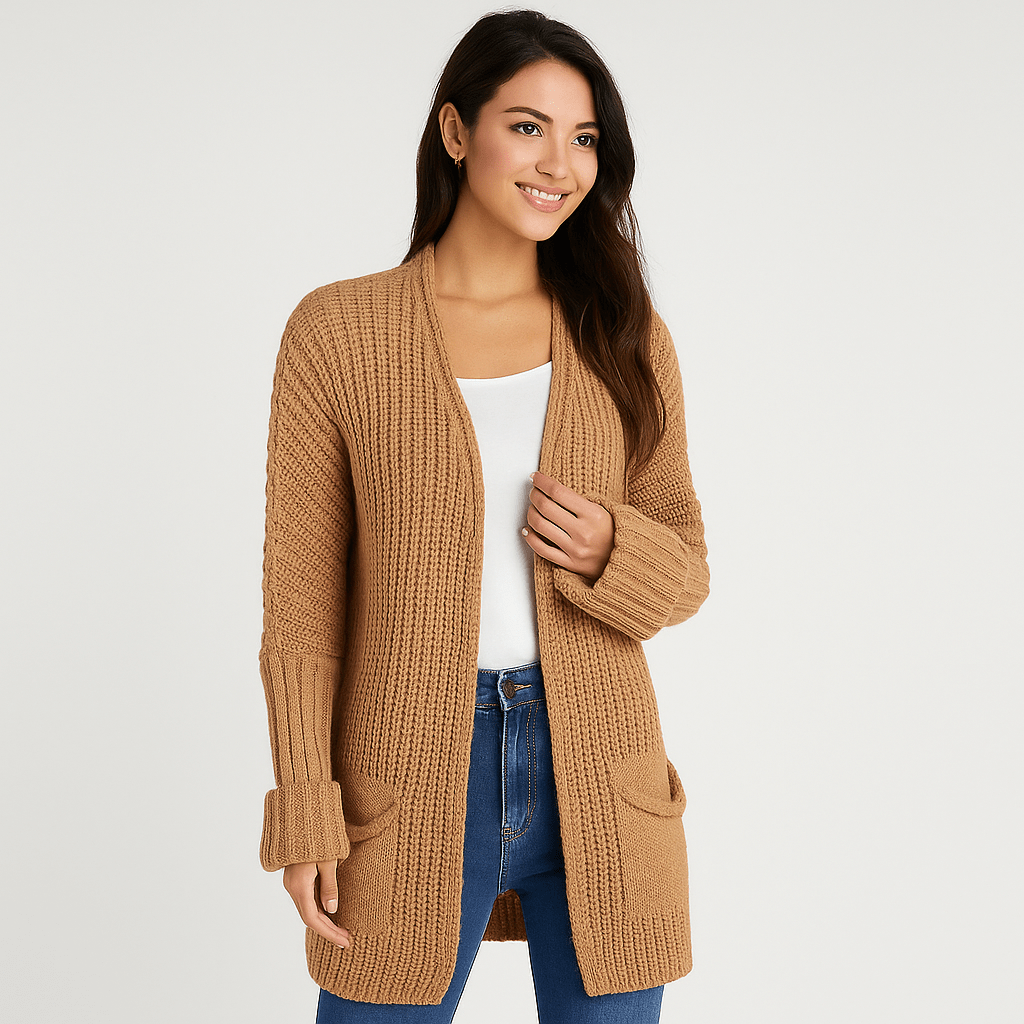 Strukturalny Otwartym Kardigan - Kieszenie Detale - Komfort Styl - vivano - warszawa