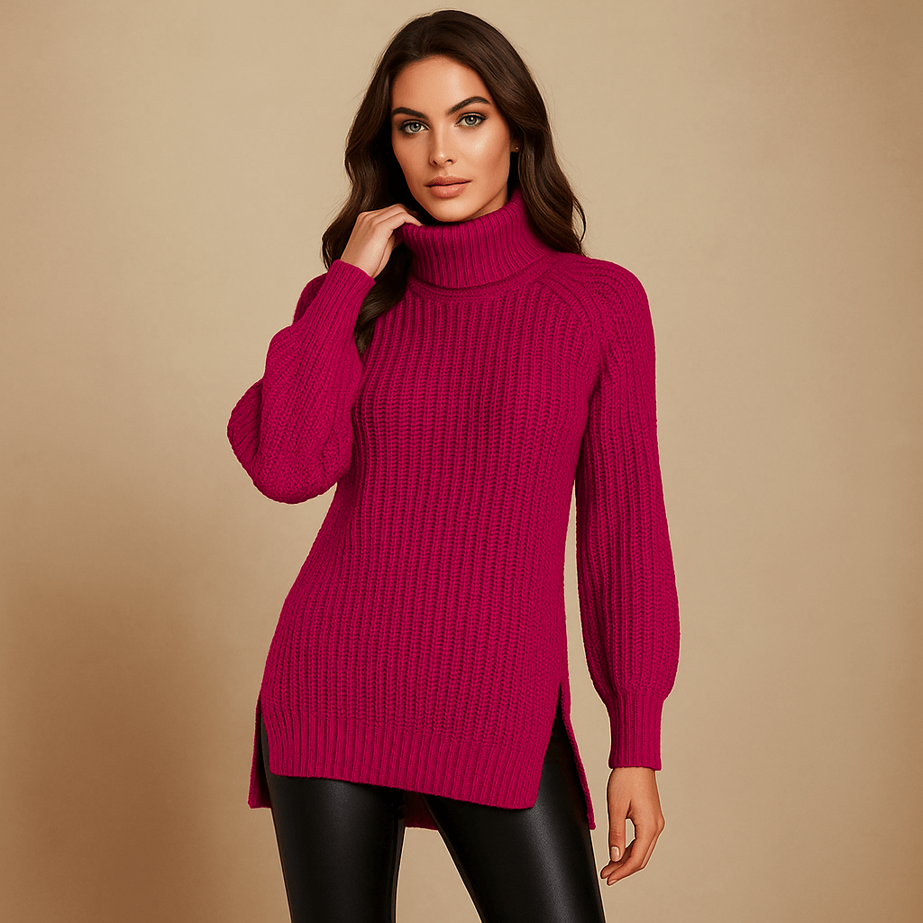 Sweter damski z golfem - prążkowany splot - pełny rozmiar - rozcięcie - vivano - warszawa