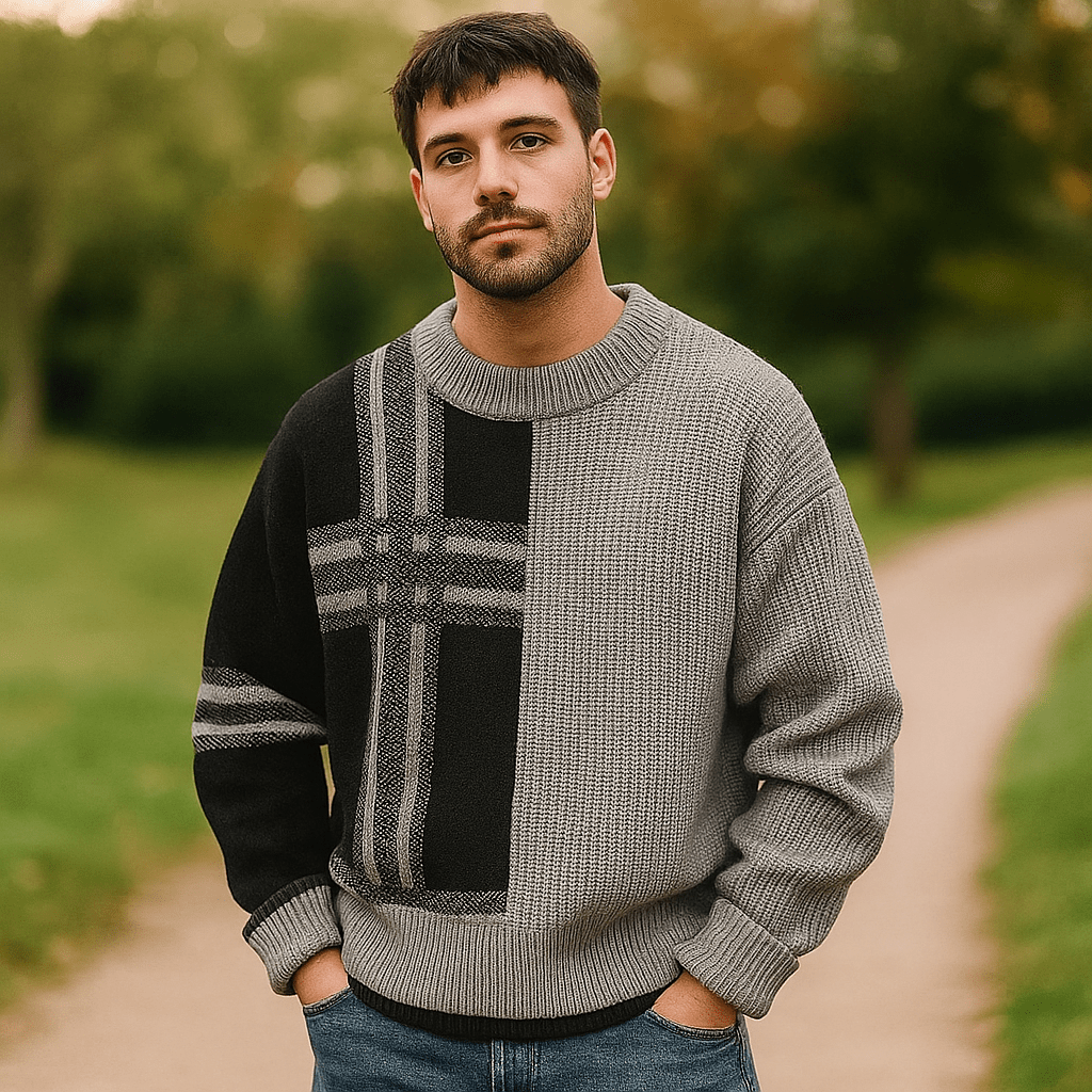 Sweter męski z okrągłym dekoltem – Luźny krój – Mieszanka wełny – Rękawiczki patchworkowe - vivano - warszawa