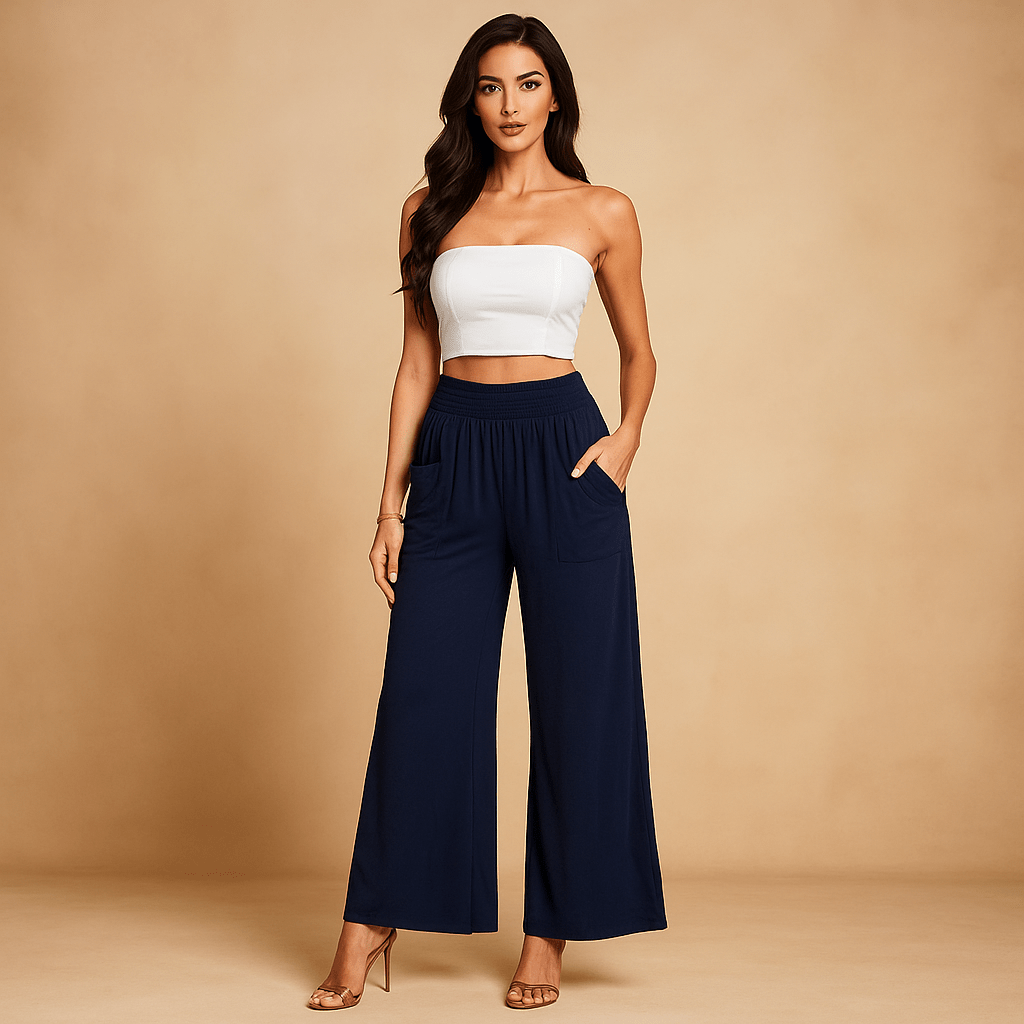 Szerokie spodnie damskie - Elastyczny pas - Boczne kieszenie - vivano - warszawa