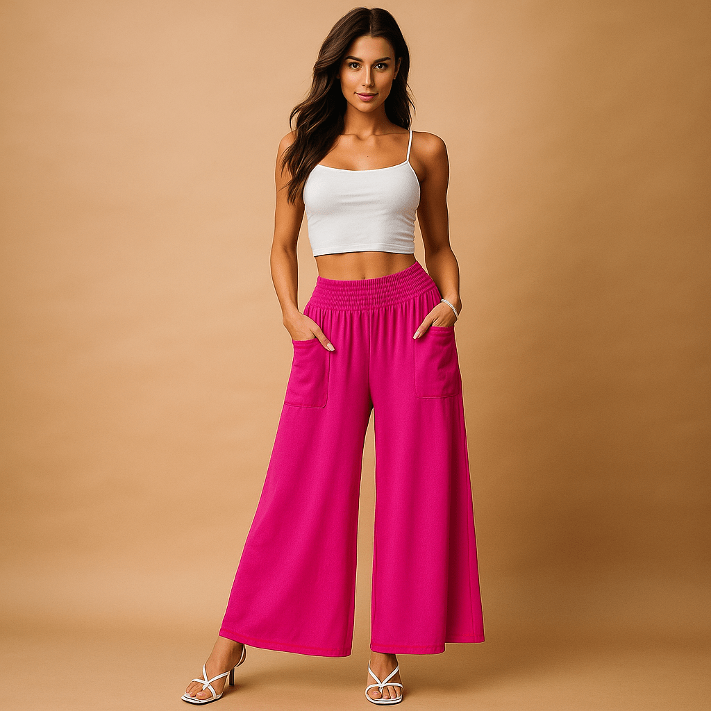 Szerokie spodnie damskie - Elastyczny pas - Boczne kieszenie - vivano - warszawa