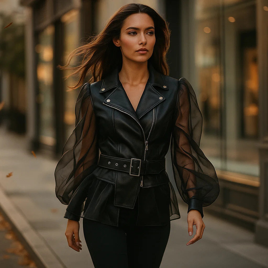 Damska Kurtka ze Sztucznej Skóry z Marszczonymi Rękawami