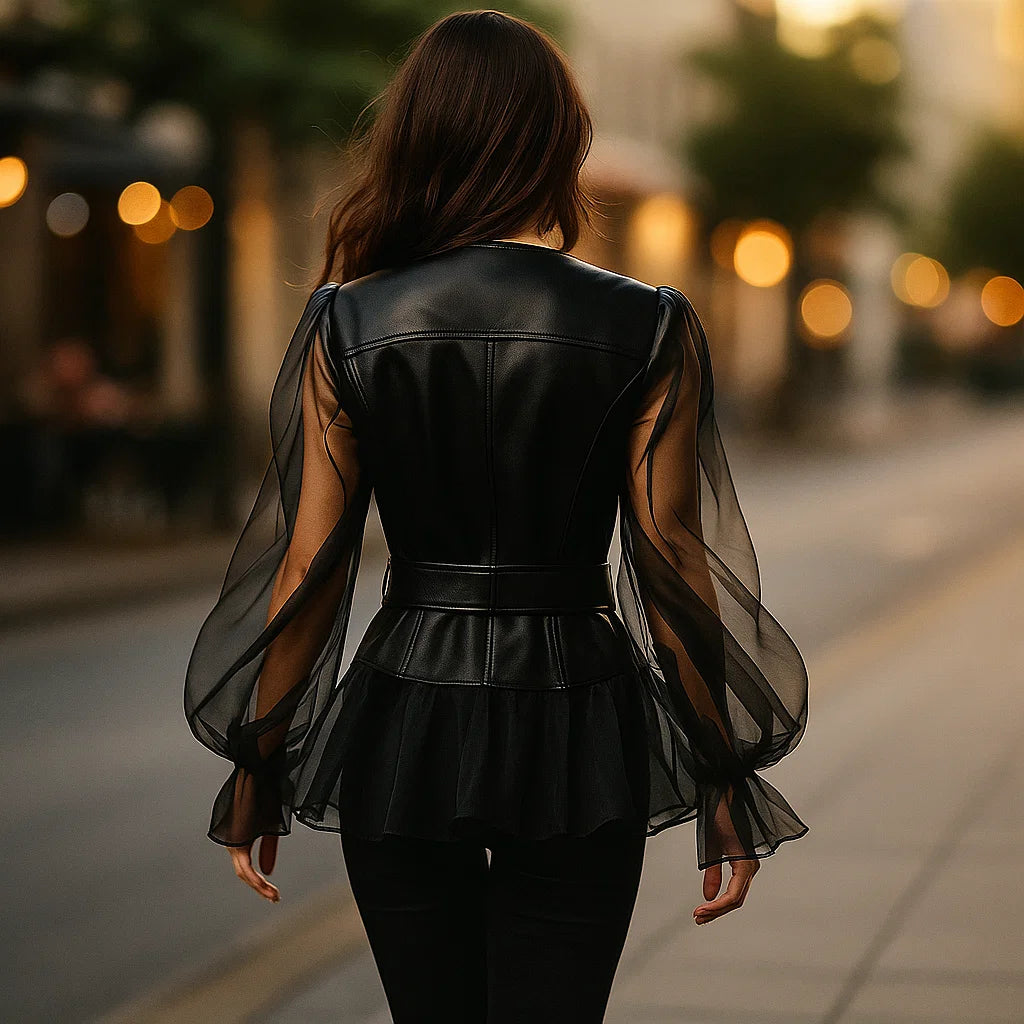 Damska Kurtka ze Sztucznej Skóry z Marszczonymi Rękawami