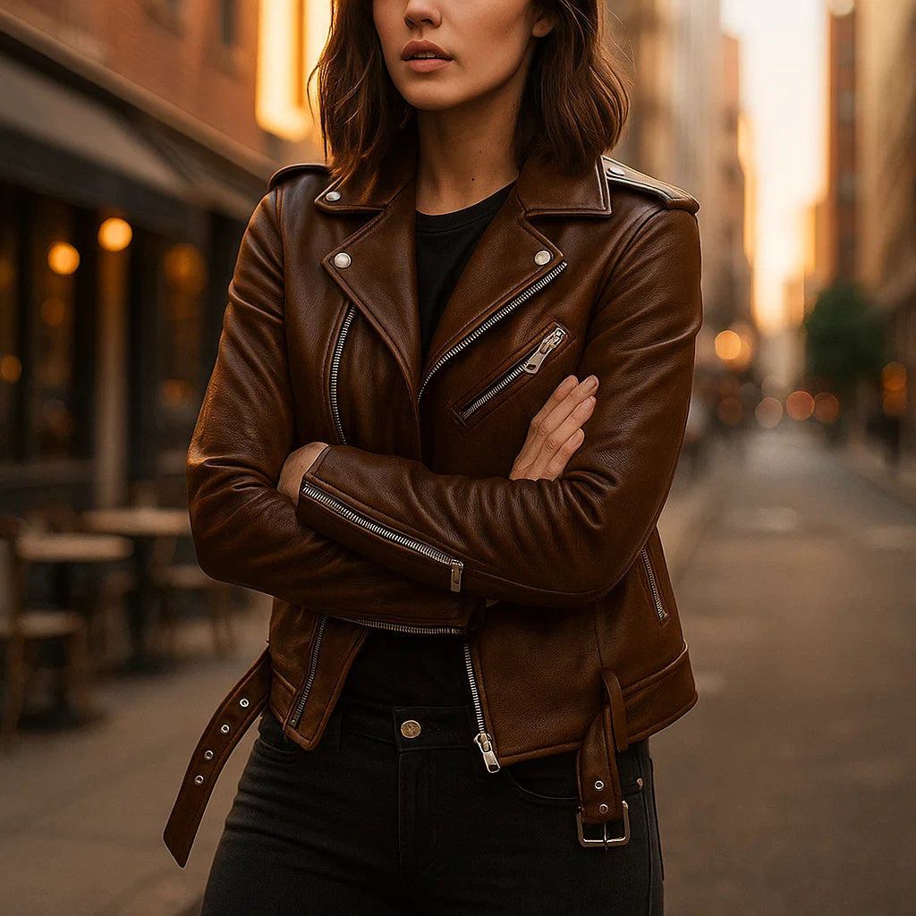 Vintage Damska Kurtka Skórzana z Zamkiem Błyskawicznym