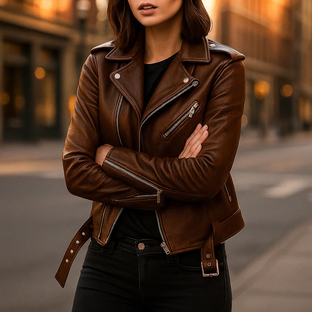 Vintage Damska Kurtka Skórzana z Zamkiem Błyskawicznym