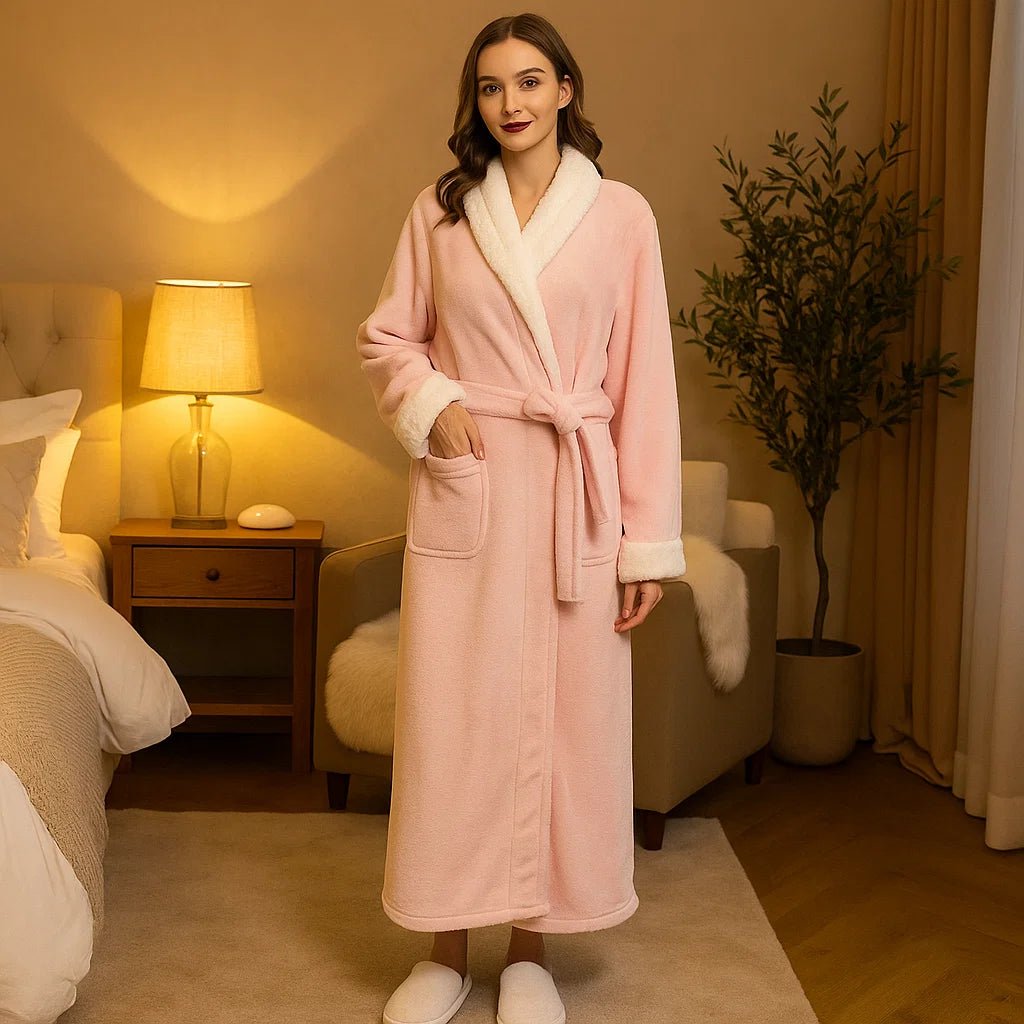 VeluSoft – Elegancki Szlafrok Fleece z Luksusowym Kontrastowym Wykończeniem na Relaksujące Chwile