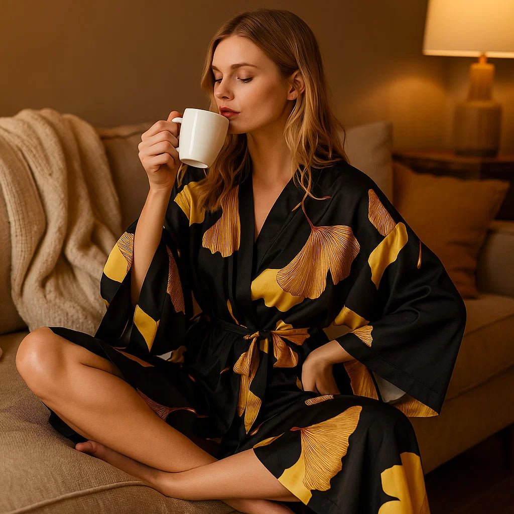 VelvetAura – Elegancki Lekki Szlafrok z Złotymi Akcentami dla Stylowego Relaksu