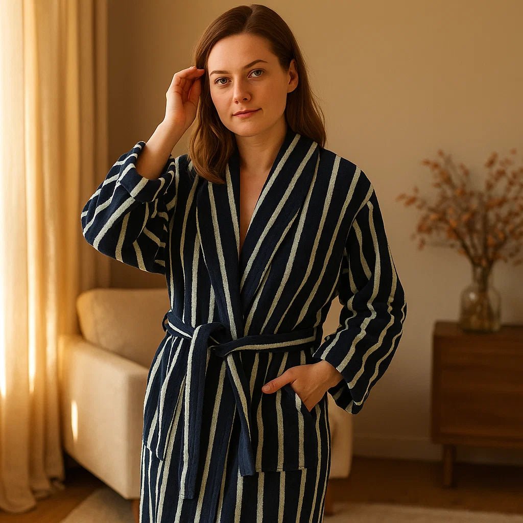 VelvetDawn – Elegancki Szlafrok z Luksusowej Bawełny z Ponadczasowymi Szczegółami w Paski