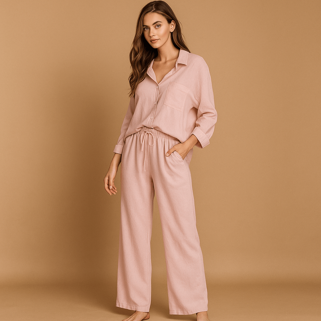 Zestaw - Koszula lniana bawełna - Spodnie wysokim stanem Luo - vivano - warszawa